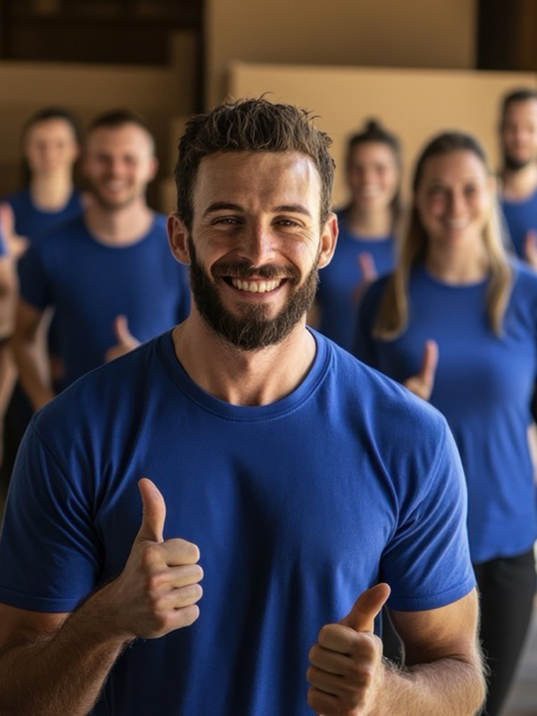 Group of cheerful movers clad in matching blue shirts displaying thumbs up while standing among numerous cardboard boxes ready for relocation.